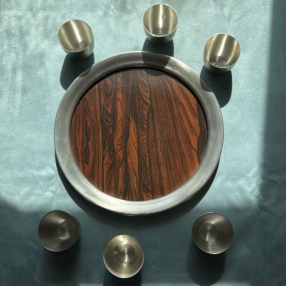 Vintage Kirk pewter cordial shot glass set with tray, seven pieces.